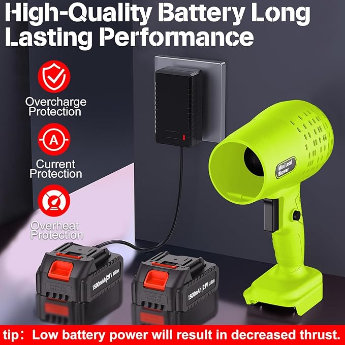 Leaf Blower with 21V*2 Pcs Batteries, 950000RPM Powerful Fan, High Variable Speed 200 MPH, Handheld Air Blower, Perfect for Car Drying, Patio Cleaning, Lawn Caring, Leaves Blowing (Green)