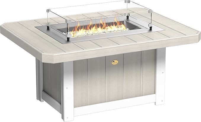 LuxCraft 51" Lumin Rectangular Gas Propane Fire Pit Table for Outdoor Patio with Tempered Glass Wind Guard and Stainless Steel Burner Cover - Amish Made in USA (Birch & White)