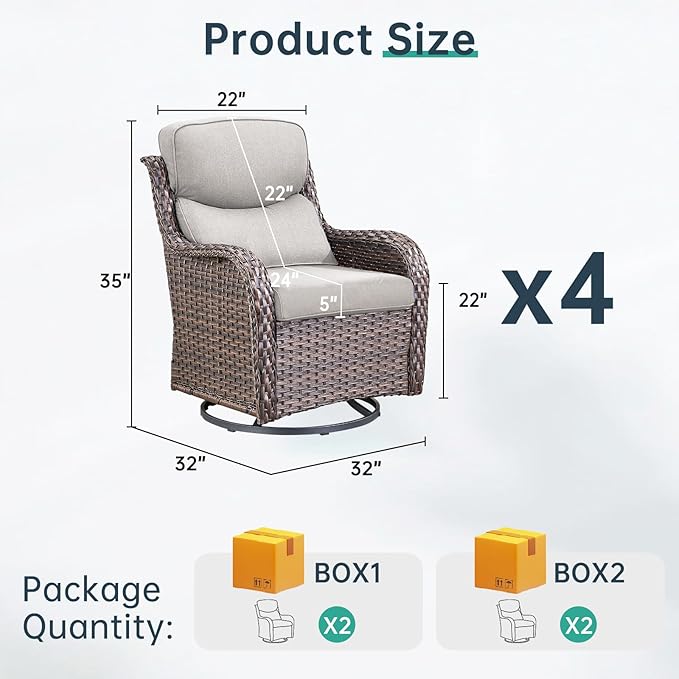 Outdoor Swivel Rocker Patio Chairs Set of 4-5" Thick Cushion 4 Piece Furniture Set All Weather Comfortable Wicker Conversation Set for Porch Poolside and Deck - Brown/Beige