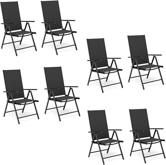 MFSTUDIO Patio Folding Chairs Set of 8, Outdoor Patio Dining Chairs, Portable Black Sling Patio Chairs, 7 Levels Adjustable Sling Back Chairs for Backyard Lawn Garden