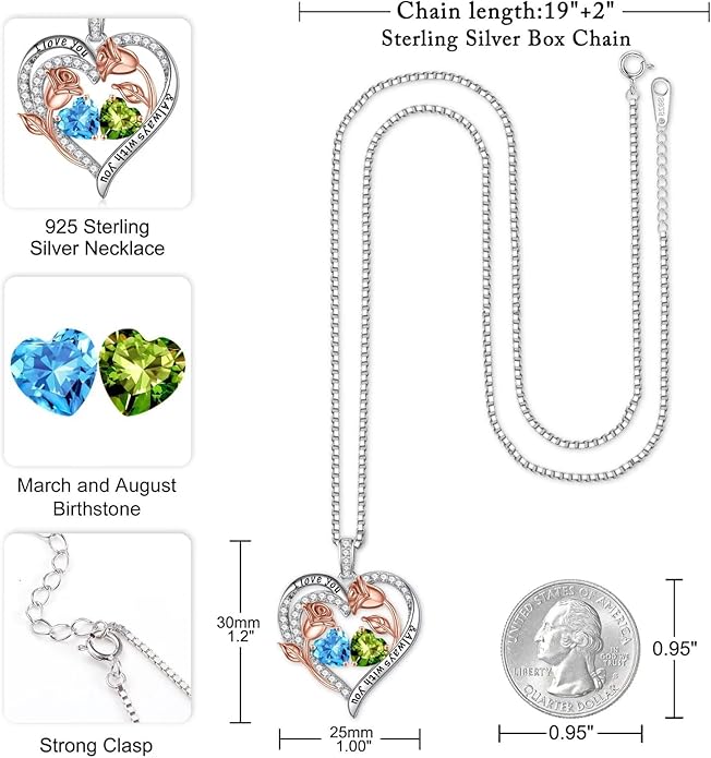 Iefil Christmas Gifts for Women Wife - 925 Sterling Silver Rose Heart Birthstone Necklace Birthday Anniversary Jewelry Gifts for Her Wife Mom Daughter
