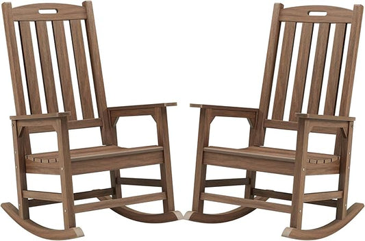 Psilvam Outdoor Rocking Chair Set of 2, Poly Lumber Oversized Rocking Chair with 21" Wide Seat and 32" Tall Backrest, Pre-Assembled with Most Components for Effortless Installation(Bright Brown)