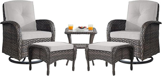 Belord Small Conversation Sets Patio Funiture - 5 Piece Outdoor Swivel Rocker Wicker Furniture Sets with Ottomans Side Table Perfect for Patio Deck Backyard, Brown Wicker Beige Cushion