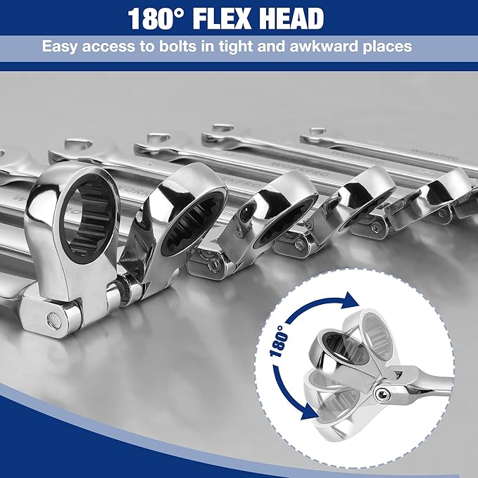 WORKPRO 8-piece Flex-Head Ratcheting Combination Wrench Set, Metric 8-17mm, 72-Teeth, Cr-V Constructed, Mirror Polished Chrome Plated with Roll Up Pouch