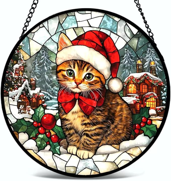 Stained Glass Window Hanging - Cat and Snowy Day Christmas Suncatcher fof Garden Home Decor for Women Mon Grandma Friends