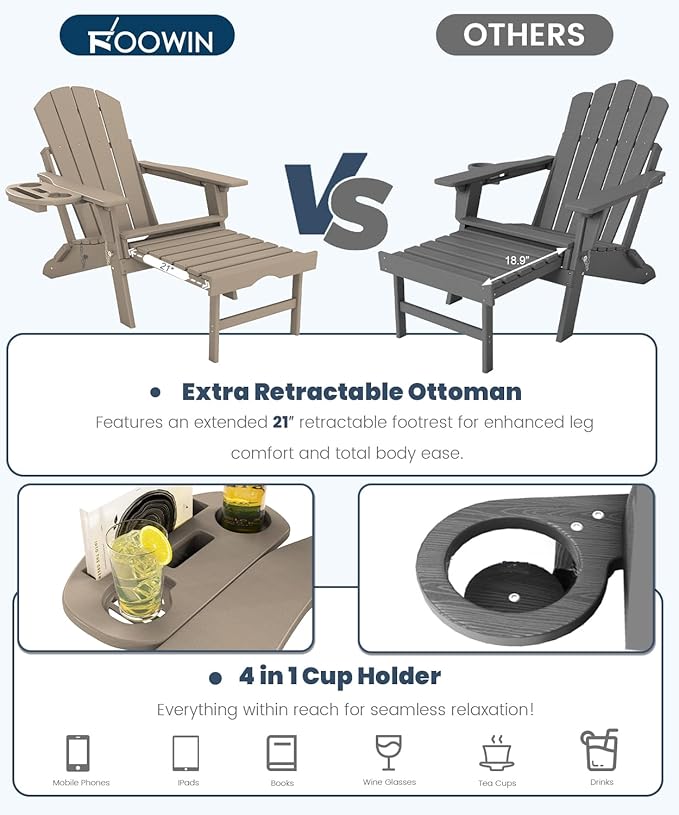 FOOWIN Folding Adjustable Adirondack Chair with Retractable Ottoman Set of 4, HDPE Adirondack Chair w/4 in 1 Cup Holder Trays,All-Weather Resistant Fire Pit Chair for Outdoor Patio Lawn, Brown