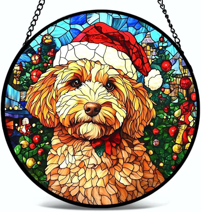 Stained Glass Window Hanging - Christmas Tree and A Dog Wearing a Xmas Hat Suncatcher fof Garden Home Decor for Women Mon Grandma Friends