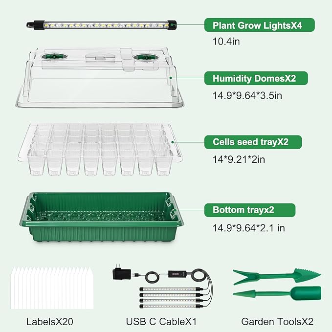 Seed Starter Tray with Timed Grow Light, 2 Pack 80 Cells Plant Starter Tray Seedling Starter Kit with Humidity Domes Base Indoor Mini Greenhouse Plant Germination Trays for Seeds Growing Starting