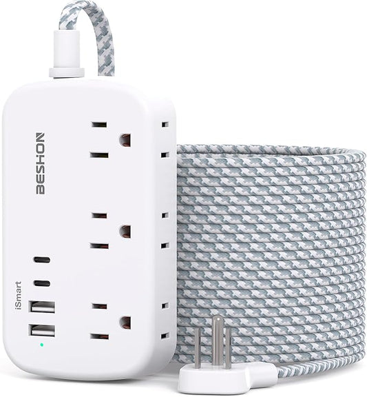 Extension Cord 20 Ft, Flat Plug Power Strip with 6 Outlets with 4 USB Ports(2 USB C), Wall Mount Charging Station, No Surge Protector for Home Office College Dorm Room Travel Essentials