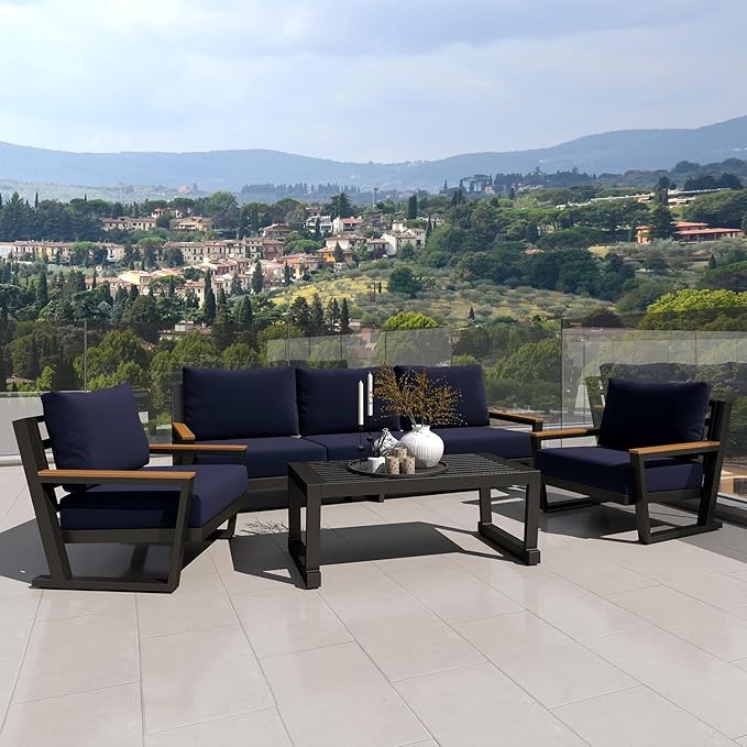 Aluminum Outdoor Furniture with Coffee Table,5 Seats Patio Furniture Set Sectional Waterproof Sofa with Conversation Set Table with Upgrade and Washable Cushion Blue