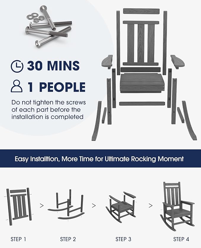 KINGYES Outdoor Rocking Chair Set of 2, All-Weather Patio Rocking Chairs for Porch, HDPE Rocking Outdoor Chairs with High Back for Adult, Heavy Duty Outdoor Patio Rockers for Garden, Lawn, Gray