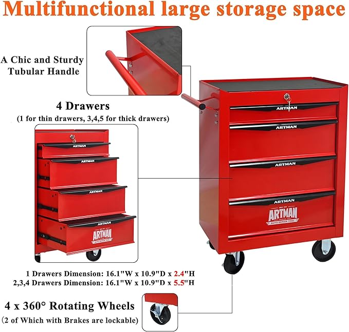 4 Drawers Rolling Tool Box on Wheels, Multifunctional Tool Cart, Drawers Rolling Trolley Organizer Tool Storage Chest for Warehouse,Garage,Workshop,Repair Shop (4 Drawers-30.5" H)