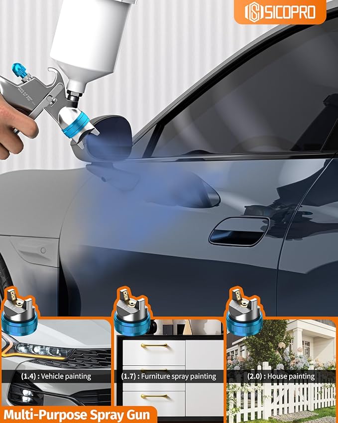 HVLP Paint Sprayer Gun, Air Paint Sprayer for House Painting, Cars, Paint Guns Automotive, 1.4/1.7/2.0mm 15 Nozzle Holes, Air Regulator