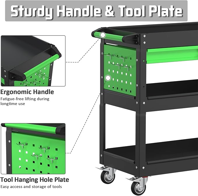 3 Tray Rolling Tool Cart, 400 LBS Capacity Mechanic Tool Carts on Wheels, Heavy Duty Utility Cart with Drawers, Metal Work Cart for Garage, Warehouse and Repair Shop, Blackgreen