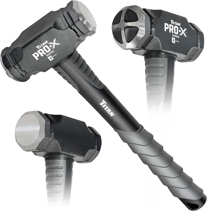 Titan Pro-X 63704 4lb Drilling Hammer, Dual-Face Sledge with Cross-Pattern Face for Concentrated Power & Flat Face for Stake Driving, Overstrike Protection, 15" Fiberglass Handle with Textured Grip