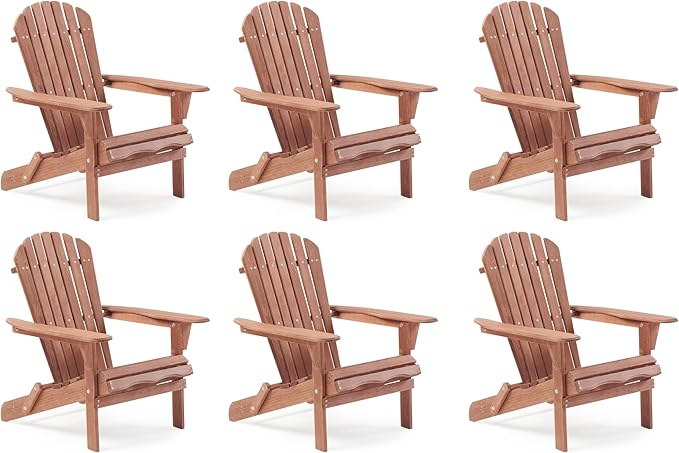 Outdoor Wooden Folding Adirondack Chair Set of 6 with Pre-Assembled BackRest, Wood Patio Chair for Garden Backyard Porch Pool Deck Firepit