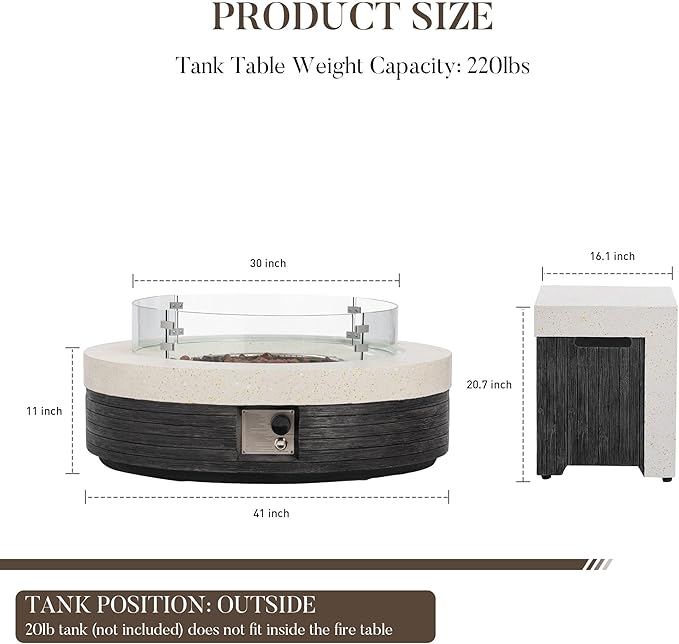 COSIEST 42" Outdoor Propane Fire Pit Table w Tank Cover & Wind Guard, Round Gas Fire Pit Table with Concrete & Wood Grain Design, 50000BTU Fire Tables for Patio, Backyard, Garden