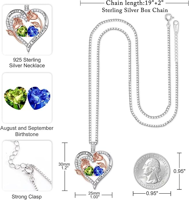 Iefil Christmas Gifts for Women Wife - 925 Sterling Silver Rose Heart Birthstone Necklace Birthday Anniversary Jewelry Gifts for Her Wife Mom Daughter
