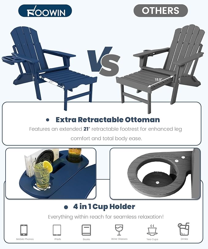FOOWIN Folding Adjustable Adirondack Chair with Retractable Ottoman Set of 8, HDPE Adirondack Chair w/4 in 1 Cup Holder Trays,All-Weather Resistant Fire Pit Chair for Outdoor Patio Lawn, Navy Blue