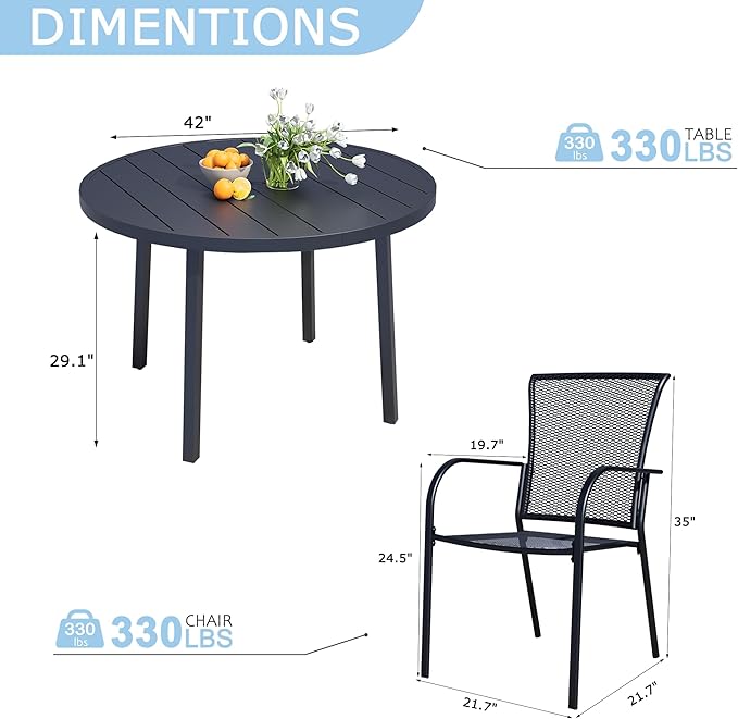 5 Piece Outdoor Dining Set, Patio Dining Set for 4, 42" Black Round Table with 4 All Weather Mesh Outdoor Dining Chairs for Lawn, Garden, Porch