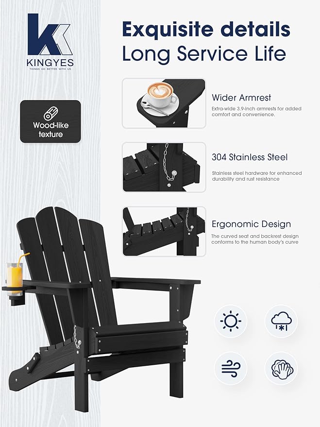 KINGYES Folding Adirondack Chair Set of 6, HDPE All-Weather Patio Chairs with Cup Holder, Wooden Textured Fire Pit Chairs for Poolside, Backyard, Deck, Black