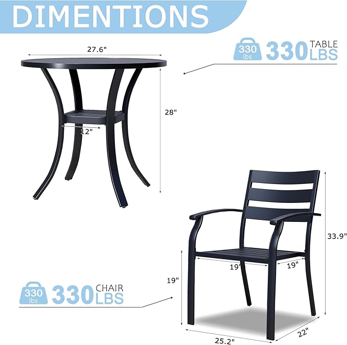 3 Piece Outdoor Dining Set, Patio Dining Set for 2, 27.6" Metal Round Table with 2 Black Metal Outdoor Dining Chairs with Armrest for Lawn, Garden, or Porch