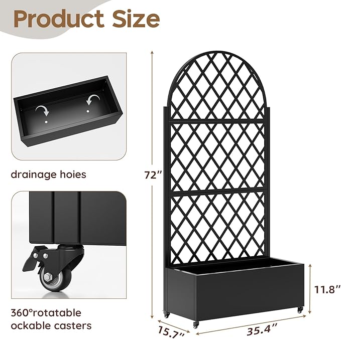 Metal Raised Garden Bed with Trellis & Wheels,72" x 35"x 15.7" Planter Box with Trellis,Privacy Planters for Patio,Garden Bed for Climbing Plants,Suitable for Climbing Plants and Vegetables,Black