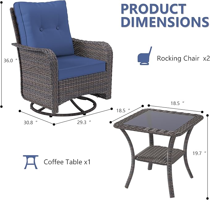 ALAULM Outdoor Swivel Rocking Chairs Set of 2 with 4”Thick Cushions and High Back, Wicker Patio Chairs w/Side Table for Patio, Porch, Poolside, Deck, Backyard, Garden-Dark Blue