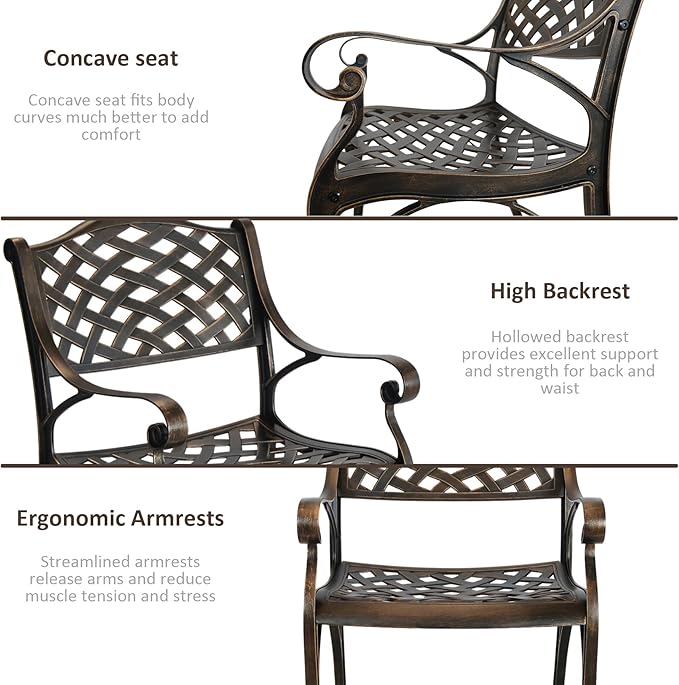 Cast Aluminum Patio Chairs Set of 2,Bistro Dining Chair with Armrests, Wrought Iron 2 Piece Patio Bistro Chair, Cast Iron Outdoor Patio Dining Chair for Backyard,Porch,Brown