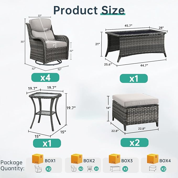 Outdoor Swivel Rocker Patio Chairs Set of 4 with Ottoman Coffee Table - 5" Thick Cushion 8 Piece Furniture Set All Weather Comfortable Wicker Conversation Set for Porch Deck - Gray/Beige
