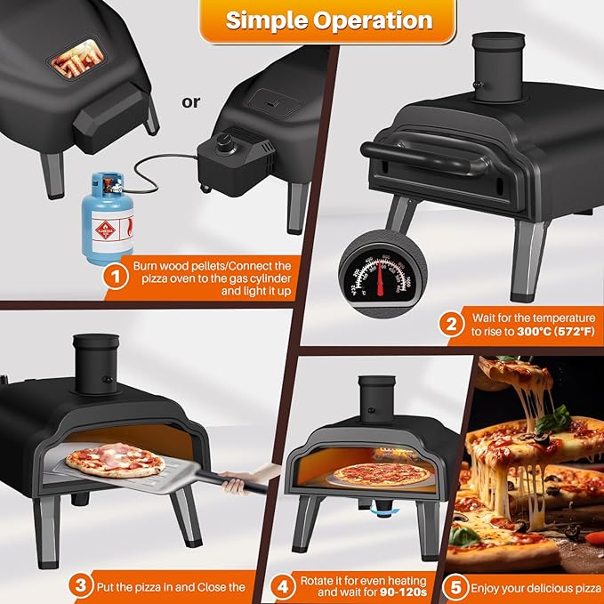 Multi-Fuel Pizza Oven Outdoor,12" Wood Fire & Propane Pizza Oven, Portable Rotating Pellet Gas Pizza Maker for Grill with Thermometer,Dual Fuel Stainless Steel Pizza Maker for Backyard Camping