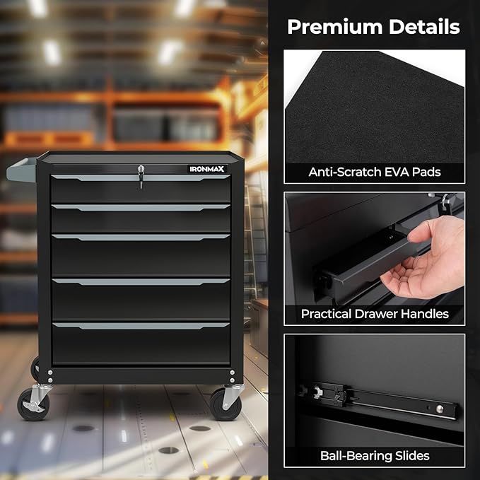Goplus 5-Drawer Rolling Tool Chest, Steel Tool Storage Cabinet with Handle, Hanging Holes, Central Keyed Locking System, Universal Lockable Wheels, Tool Organizer Box for Garage Workshop
