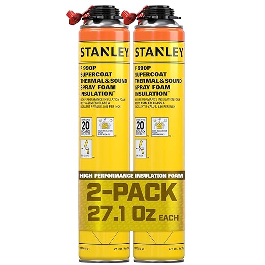 STANLEY F 990P Supercoat Spray Foam Insulation - Closed Cell Spray Foam Covers Up to 40 Sq.Ft.,(11.32 / 2 inch R-Value), Gun Use, Gun Not Included, 27.1 oz, 2 Pack