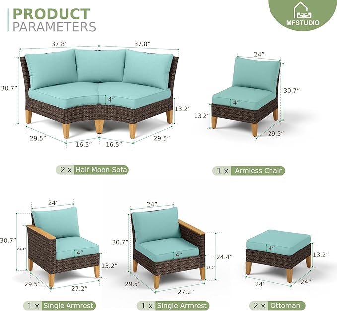 MFSTUDIO 9 Pieces Extra Large Wicker Patio Furniture Set, Rattan Outdoor Half-Moon Sectional Sofa Conversation Set, 4 x Curved Sofa, 1 x Armless Couch, 2 x Ottoman, 2 x Corner Chair(Aqua Blue Cushion)