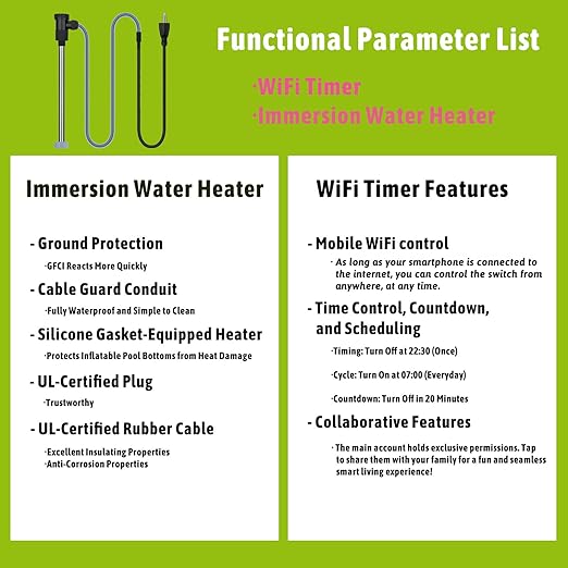 1500W Submersible Immersion Water Heater for Pool & Hot Tub – Portable Electric Heater with Auto Shut Off & WiFi Timer, for Inflatable Pool, Above Ground Pool, Baptistry, Spa and Bathtub