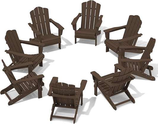 KINGYES Folding Adirondack Chair Set of 8, HDPE All-Weather Folding Adirondack Chair, Coffee
