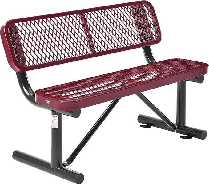 Global Industrial 48" L Outdoor Steel Bench with Backrest, Expanded Metal, Red