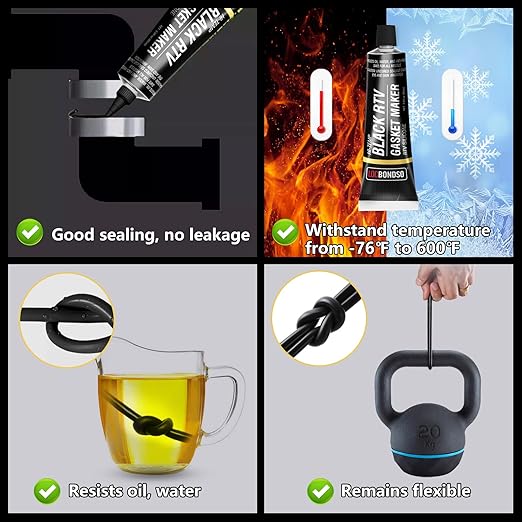 Black RTV Silicone Sealant, Silicone Gasket Maker, High Temp Up to 600F, Sensor Safe, Oil Resistance Flexible for Automotive, Engine, Gearboxes, 3 oz