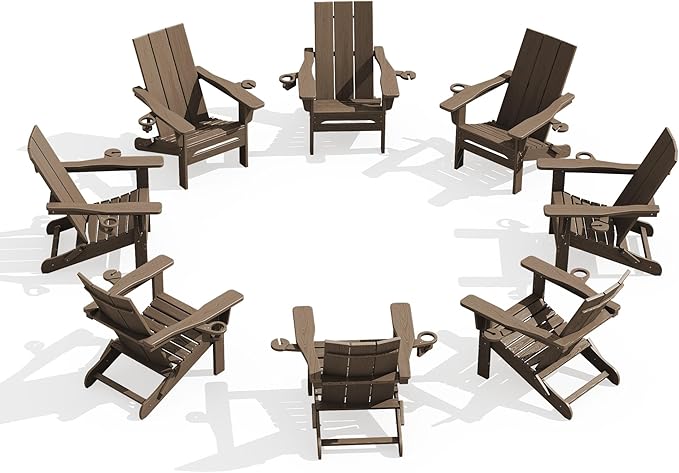 SERWALL Modern Adirondack Chair Set of 8, Folding Adirondack Chair with Cup Holders, Outdoor HDPE Fire Pit Chairs for All Weather Use, Brown