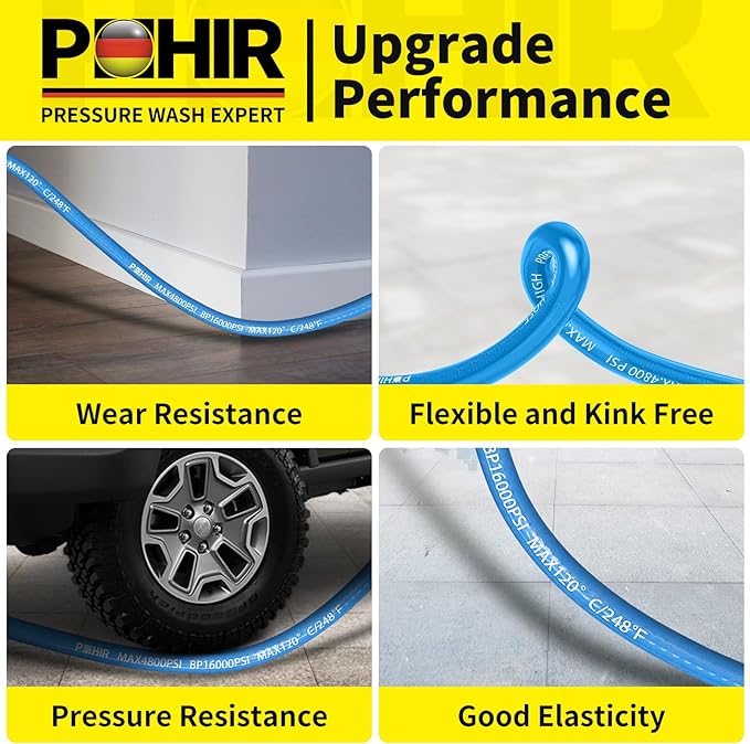POHIR Pressure Washer Hose 50FT 3/8" for Cold & Hot Water (Up to 248℉) 4800 PSI Kink Resistant Industrial Grade Steel Wire Braided QC Ends with 2 M22-14mm to 3/8" Adapters for Professional and Home