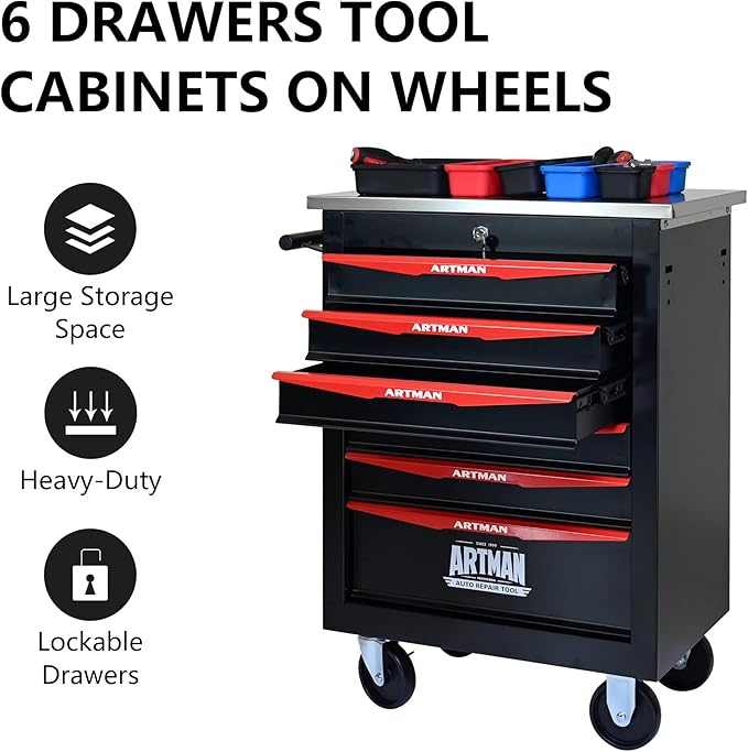 6 Drawers Tool Cart on Wheels,Multifunctional Rolling Tool Storage Chest,Drawer Rolling Trolley Organizer Tool Box for Garage,Workshop,DIY Multiple Interconnectable(6 Drawers-30.5" H)