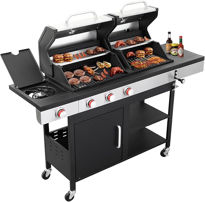 CIG GARDEN 3 Burner Propane Gas and Charcoal Grill Combo with Side Burner,Dual Fuel BBQ Grill with Cast Iron Griddle,41,500 BTU Output Perfect for Outdoor Cooking, Balcony, Backyard,Camping