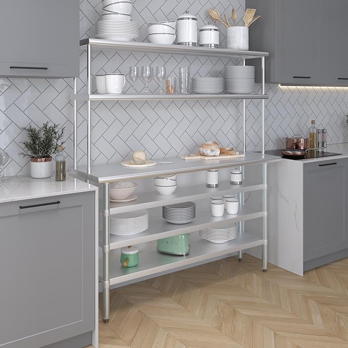 Amgood 18" x 60" Stainless Steel Work Table with 3 Shelves and 12" Wide Double Tier Overshelf | Metal Kitchen Prep Table & Shelving Combo | NSF