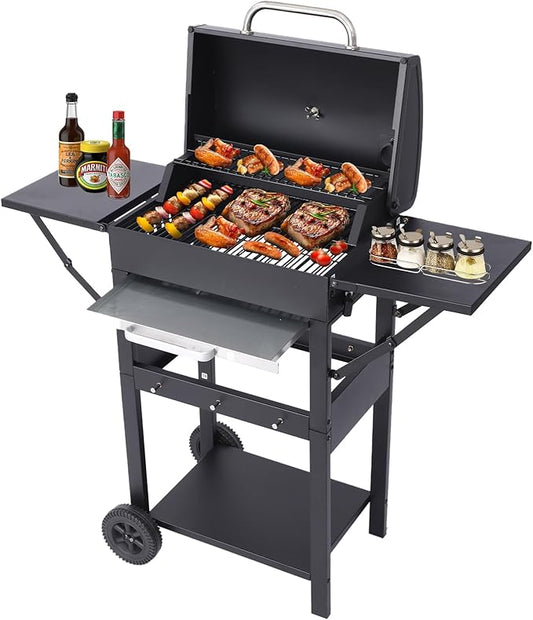 CIG GARDEN Charcoal Grill with 2 Foldable Side Tables,20-Inch Outdoor Barbecue Grill with 330 Sq.In.Cooking Area,Enamel Steel Wiring Charcoal Grill with Charcoal Trays for Camping Garden Backyard