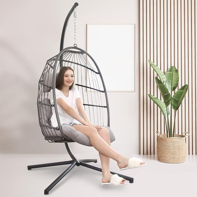 RADIATA Outdoor Self-Standing Egg Chair with Stand, 350Lbs Wicker Rattan Hanging Hammock Chair with Comfy Cushion, Single Eggshell Basket Swing Seat for Garden Balcony Bedroom Patio, Light Grey