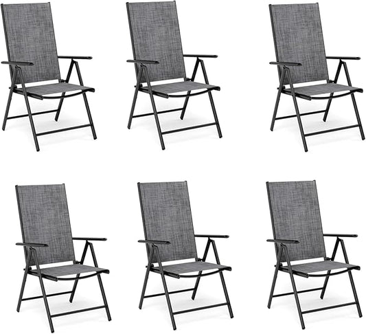 MFSTUDIO Patio Folding Chairs Set of 6, Outdoor Patio Dining Chairs, Portable Grey Sling Patio Chairs, 7 Levels Adjustable Sling Back Chairs for Backyard Lawn Garden