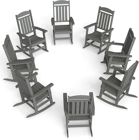FOOWIN Outdoor Rocking Chair Set of 8, High Back Patio Rocking Chair, HDPE All Weather Resistant Porch Rocker for Adult, Oversized Rocking Chairs for Garden, Lawn, Indoor & Outdoor Use, Grey