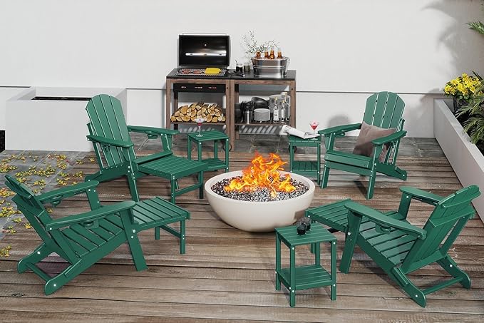 GREENVINES Adjustable Adirondack Chair with Retractable Ottoman Set of 2 | Folding | HDPE Plastic | Fire Pit Chairs w/Foot Rest | 2 Cup Holders | Forest | for Outdoor Patio Poolside Deck
