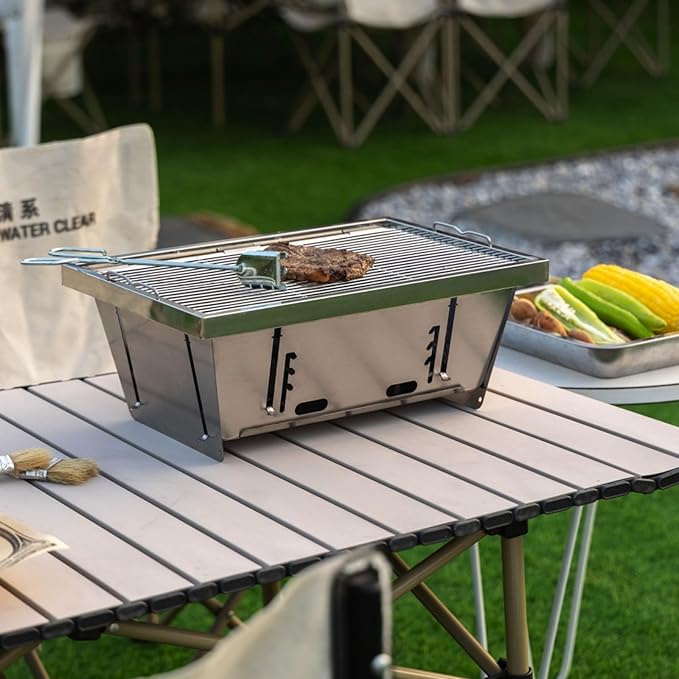 Portable Charcoal Grill Foldable with Carry Bag & Tools - Stainless Steel BBQ Set for Camping, Picnic, Patio - Compact Travel Grill Includes Brush&Tongs (Silver)