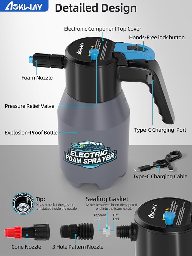 aokway Electric Foam Sprayer Car Wash, Car Soap Foam Sprayer, Battery Powered Foaming Pump Sprayer for Cleaning Car Detailing Portable Cordless Handheld Foam Cannon